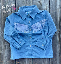 Load image into Gallery viewer, Shea Baby Denim Fringe Pearl Snap Shirt
