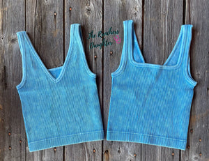 Sky Blue Ribbed Crop Tank with Reversible Neckline