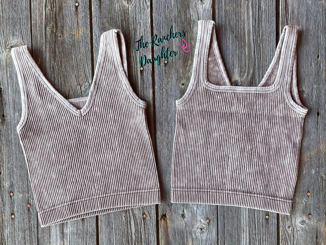 Mocha Ribbed Crop Tank with Reversible Neckline