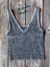Load image into Gallery viewer, Ash Black Ribbed Crop Tank with Reversible Neckline
