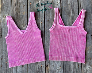 Pink Ribbed Crop Tank with Reversible Neckline