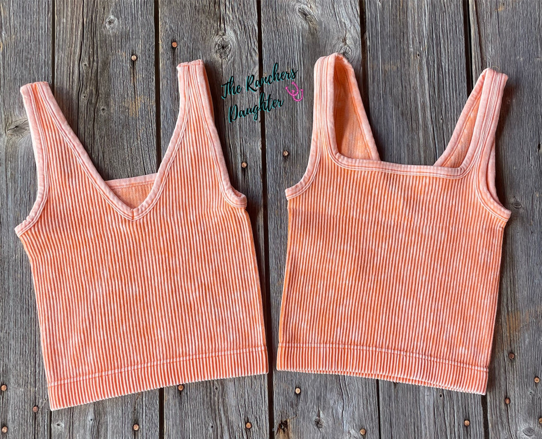 Orange Ribbed Crop Tank with Reversible Neckline