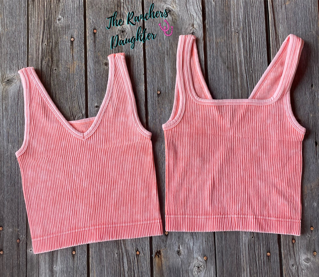 Coral Ribbed Crop Tank with Reversible Neckline