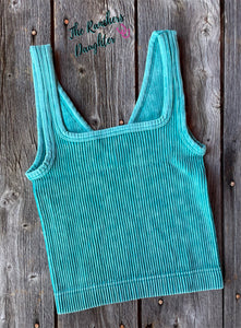 Teal Ribbed Crop Tank with Reversible Neckline