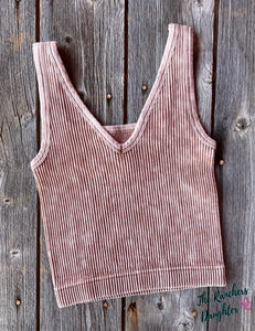 Brown Ribbed Crop Tank with Reversible Neckline