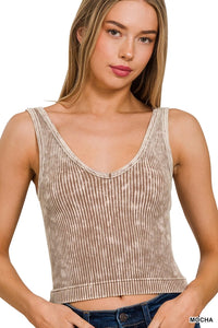 Mocha Ribbed Crop Tank with Reversible Neckline