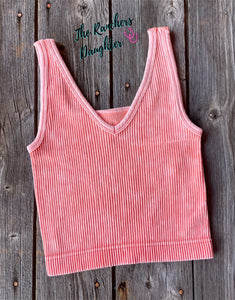 Coral Ribbed Crop Tank with Reversible Neckline