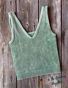 Dark Green Ribbed Crop Tank with Reversible Neckline