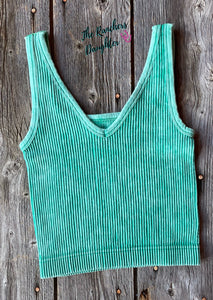 Turquoise Ribbed Crop Tank with Reversible Neckline