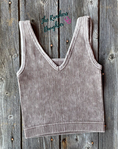 Mocha Ribbed Crop Tank with Reversible Neckline