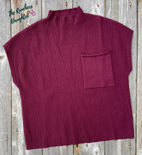 Load image into Gallery viewer, Deep Burgundy Fall Patch Pocket Rib Knit Short Sleeve Sweater
