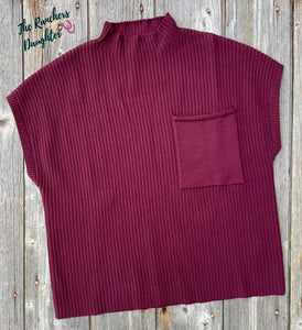 Deep Burgundy Fall Patch Pocket Rib Knit Short Sleeve Sweater