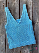 Load image into Gallery viewer, Sky Blue Ribbed Crop Tank with Reversible Neckline
