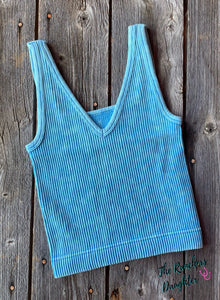 Sky Blue Ribbed Crop Tank with Reversible Neckline