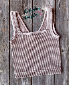 Mocha Ribbed Crop Tank with Reversible Neckline