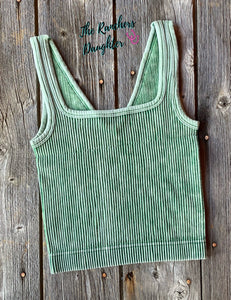 Dark Green Ribbed Crop Tank with Reversible Neckline