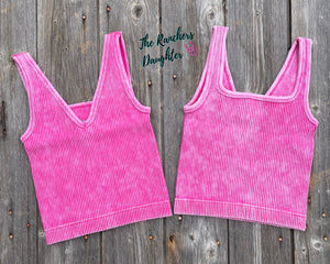 Hot Pink Ribbed Crop Tank with Reversible Neckline