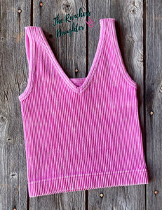 Pink Ribbed Crop Tank with Reversible Neckline