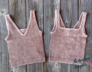 Brown Ribbed Crop Tank with Reversible Neckline