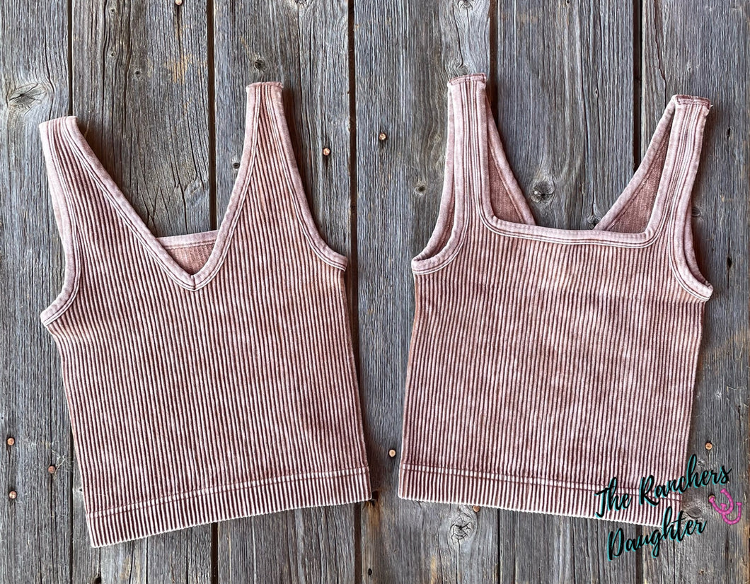 Brown Ribbed Crop Tank with Reversible Neckline