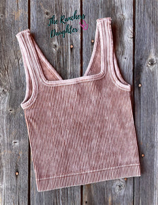 Brown Ribbed Crop Tank with Reversible Neckline