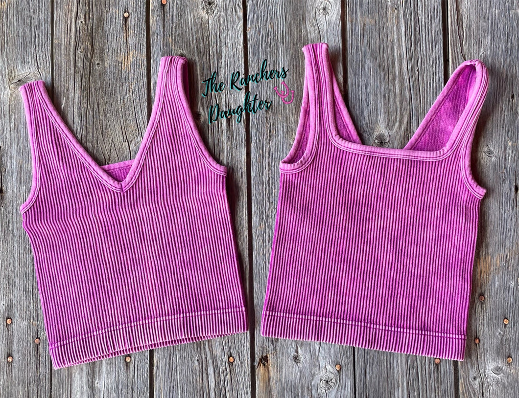 Magenta Ribbed Crop Tank with Reversible Neckline