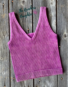 Magenta Ribbed Crop Tank with Reversible Neckline