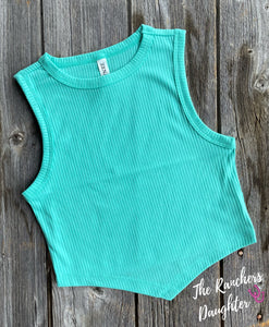 Ribbed V-Line Crop Tank Top - Turquoise