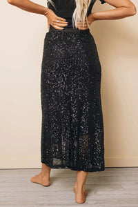 Black Sequin High Waist Midi Skirt