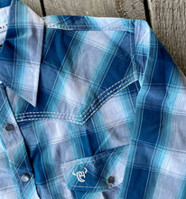 Load image into Gallery viewer, Teal/Turquoise Plaid Men’s Western Shirt
