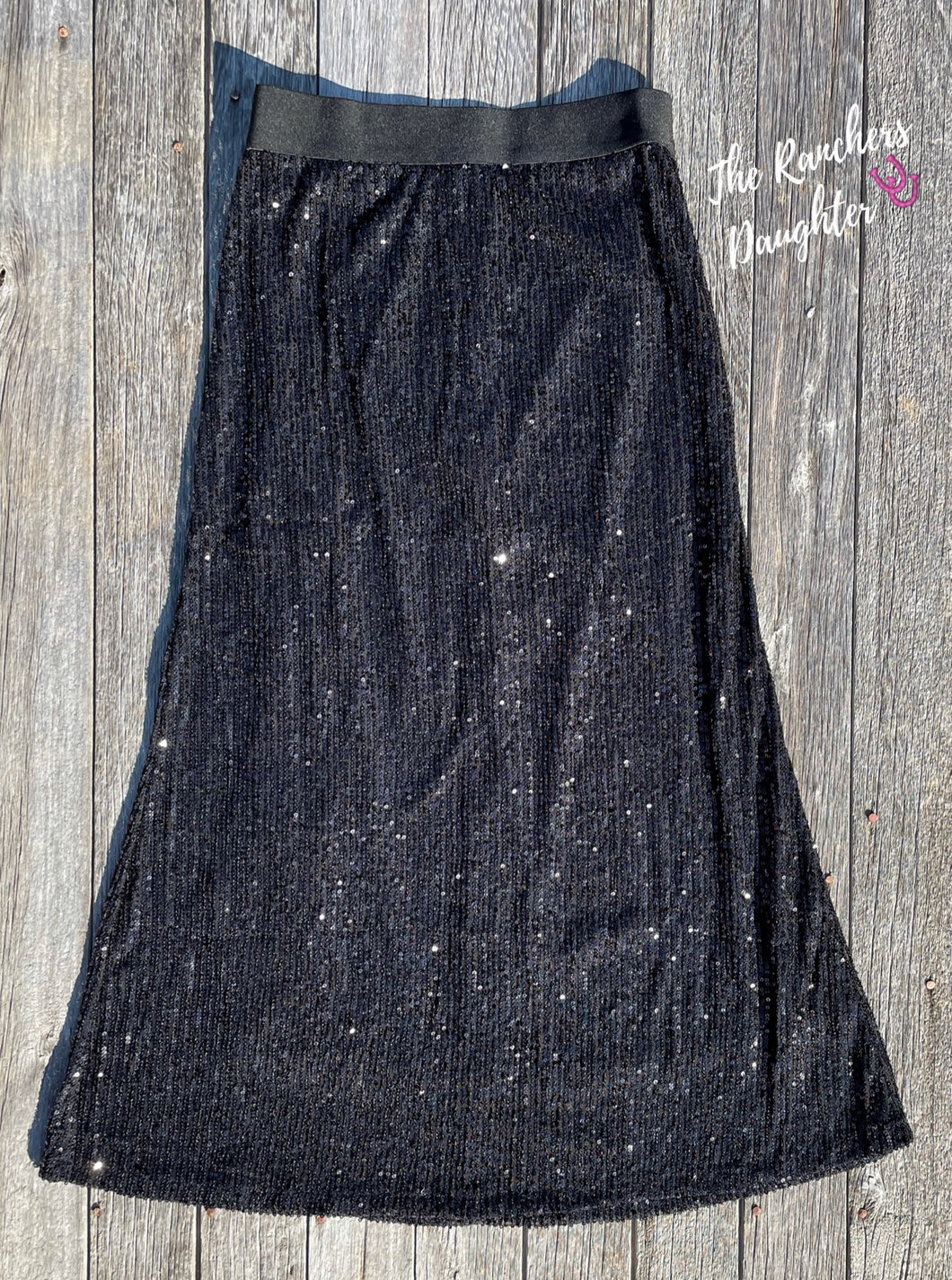Black Sequin High Waist Midi Skirt